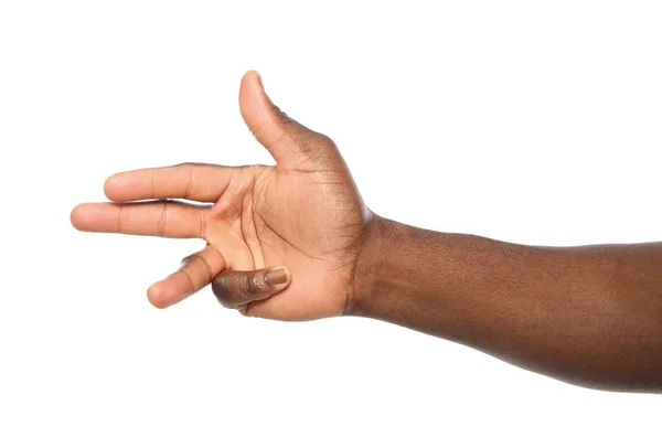 African-American mężczyzna pokazując numer trzy na białym tle, zbliżenie — Zdjęcie stockowe