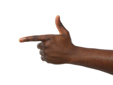 Afro-Amerikalı adam beyaz arka plan, closeup bir şey işaret
