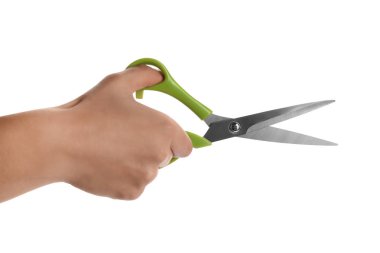 Beyaz, closeup izole dikiş makası çifti tutan adam