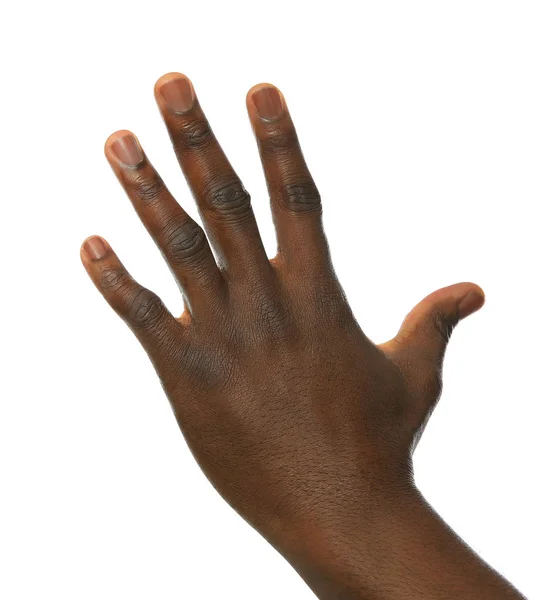 Afro-amerikai férfi mutató kézmozdulat fehér háttér, Vértes — Stock Fotó