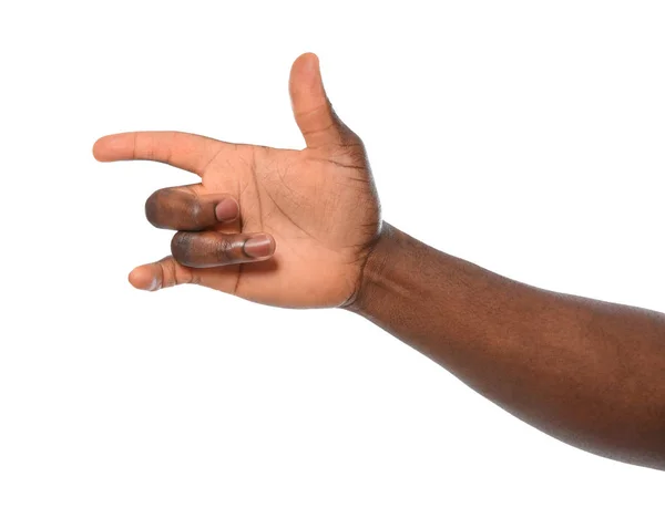 非裔美国人在白色背景上展示手势 特写 — 图库照片