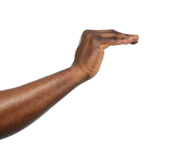 Афро-американський людина показує висоту на білому фоні, крупним планом — стокове фото