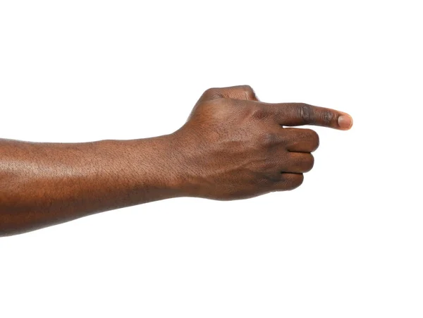 Uomo afro-americano che mostra il gesto della mano su sfondo bianco, primo piano — Foto Stock