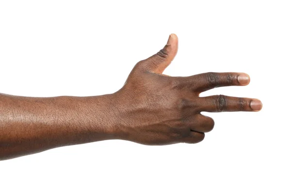 Afro-americano homem mostrando mão gesto no branco fundo, close-up — Fotografia de Stock