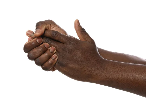 African-American man showing hand gesture on white background, closeup — Stock Photo, Image