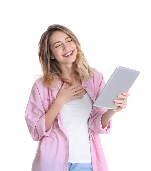 Mulher usando tablet para bate-papo de vídeo isolado no branco — Fotografia de Stock