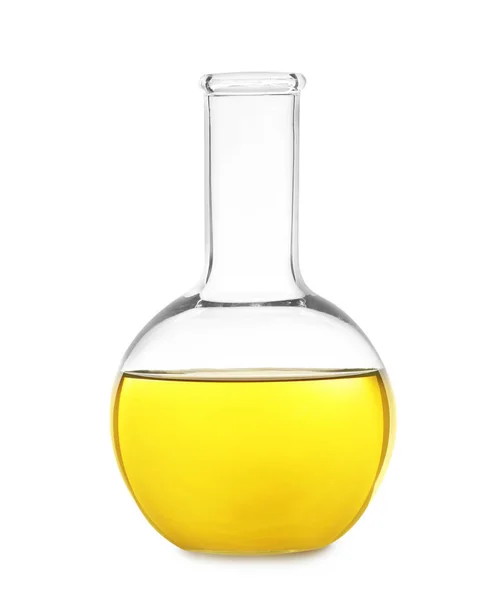 Beyaz arka planda sıvı ile cam şişe. Çözelti kimyası — Stok fotoğraf