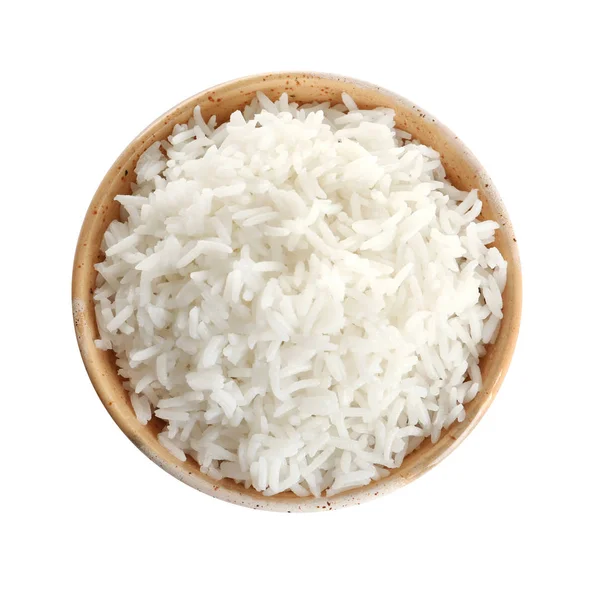 Bowl van smakelijke gekookte rijst op witte achtergrond, bovenaanzicht — Stockfoto
