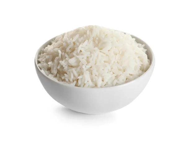 Tigela de arroz cozido saboroso no fundo branco — Fotografia de Stock