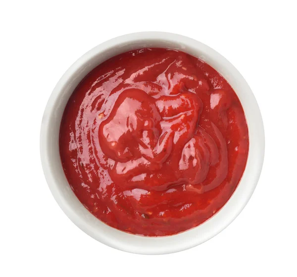 Kom met rode saus geïsoleerd op wit, bovenaanzicht — Stockfoto
