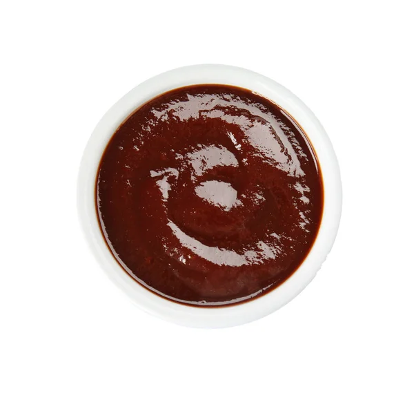 Schüssel mit Barbecue-Sauce auf weißem Hintergrund, Draufsicht — Stockfoto