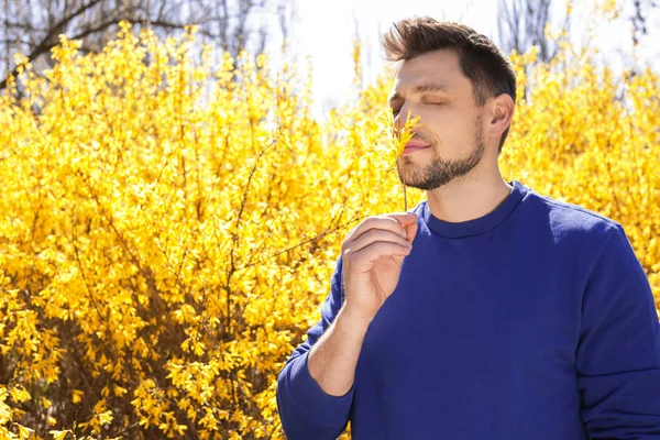 Happy healthy man enjoying springtime outdoors, space for text. Allergy free concept — Stock Photo, Image