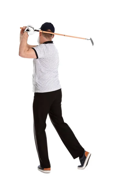 Homem sênior jogando golfe no fundo branco — Fotografia de Stock