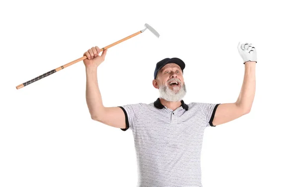 Uomo anziano con mazza da golf su sfondo bianco — Foto Stock