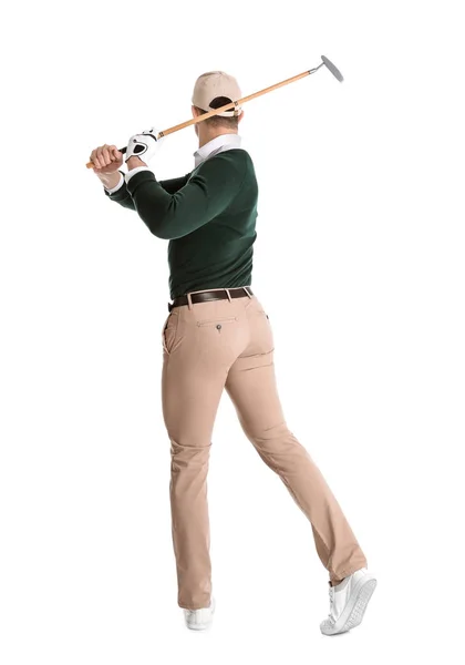 Young man playing golf on white background — Stock Photo, Image