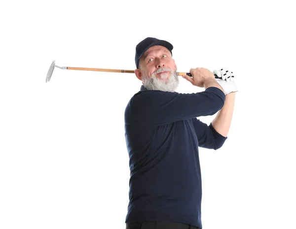 Senior man spelar golf på vit bakgrund — Stockfoto