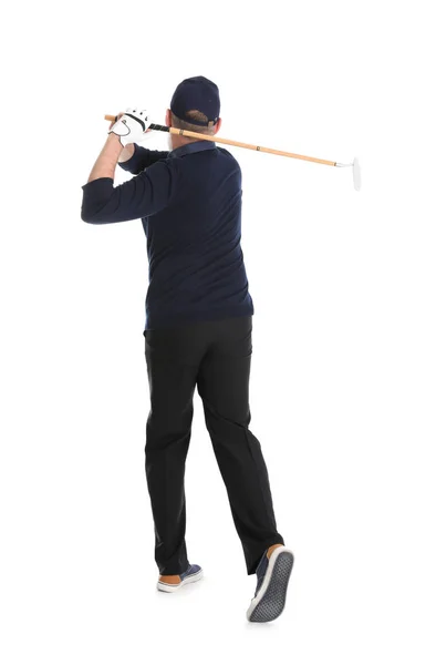 Homem sênior jogando golfe no fundo branco — Fotografia de Stock