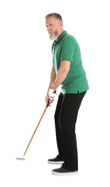 Senior mann spiller golf på hvit bakgrunn – stockfoto