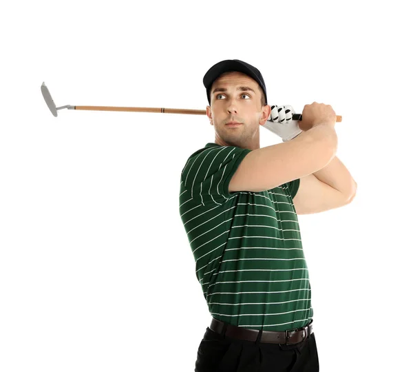 Giovane uomo che gioca a golf su sfondo bianco — Foto Stock