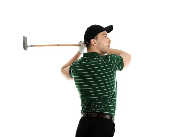Fiatal férfi golfozik fehér alapon — Stock Fotó