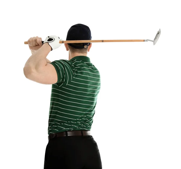 Beyaz arka planda golf oynayan genç adam — Stok fotoğraf