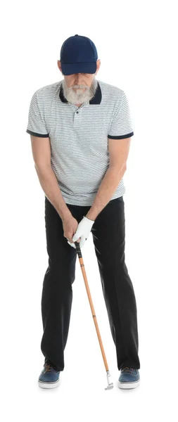 Senior man spelar golf på vit bakgrund — Stockfoto