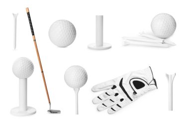 Beyaz arka planda farklı modern golf ekipmanları seti