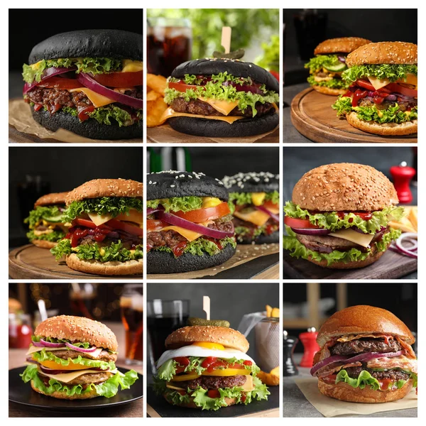 Collage van verschillende heerlijke hamburgers op tafels — Stockfoto