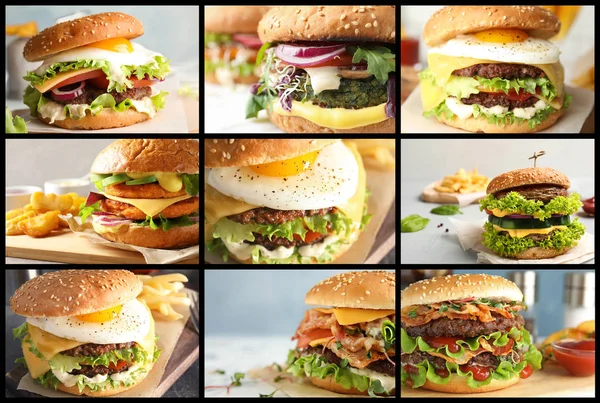 Koláž různých lahodných hamburgerů na stoly — Stock fotografie