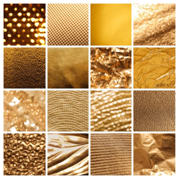 Kolaż o różnych teksturowanych błyszczących powierzchniach złota — Zdjęcie stockowe