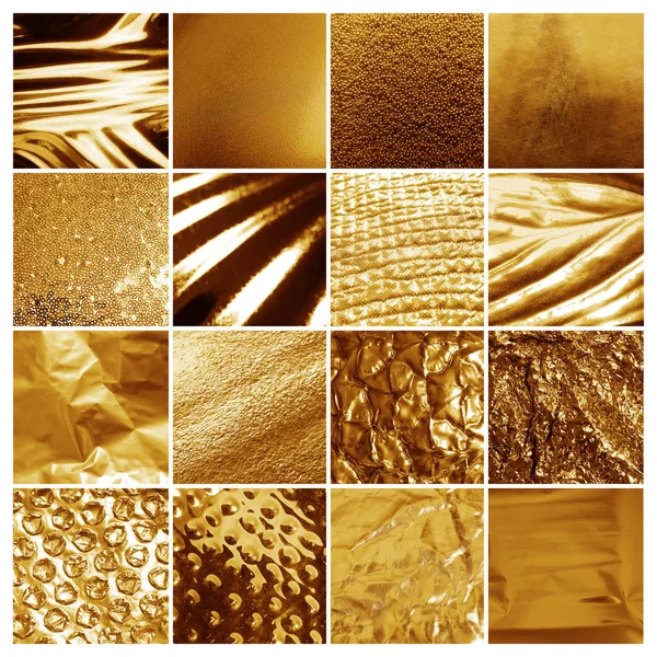 Collage de diferentes superficies texturizadas de oro brillante — Foto de Stock