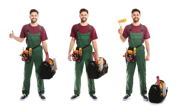 Collage de trabajador de la construcción en uniforme con diferentes herramientas sobre fondo blanco — Foto de Stock