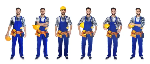 Colagem de trabalhador da construção em uniforme com diferentes ferramentas sobre fundo branco — Fotografia de Stock