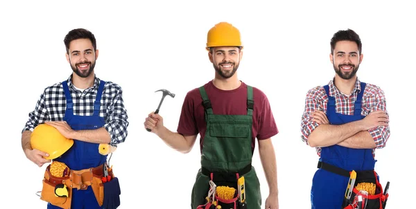 Collage of construction worker in uniform with different tools on white background — Stock Photo, Image