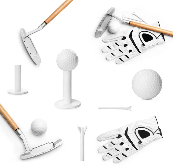 Σετ διαφορετικών σύγχρονων εξοπλισμού γκολφ σε λευκό φόντο — Φωτογραφία Αρχείου