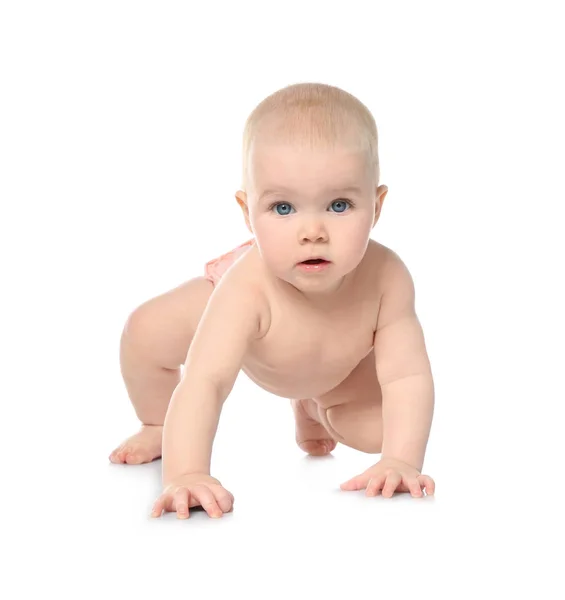 Aranyos kis bébi csúszó fehér háttér — Stock Fotó