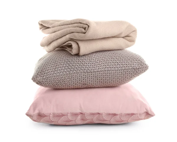 Stylish soft pillows and folded plaid on white background — Stock Photo, Image