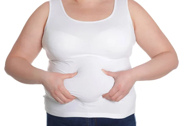 Mujer con sobrepeso aislada en blanco, primer plano. Obesidad y pérdida de peso — Foto de Stock
