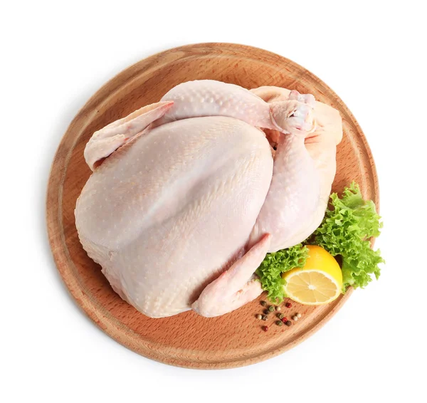 Wooden board with raw turkey and ingredients on white background, top view — Stock Photo, Image