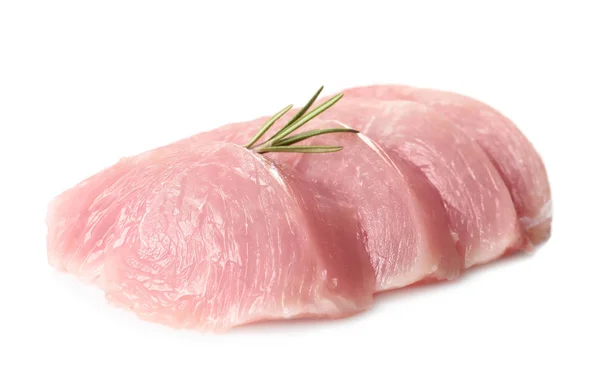 Gesneden rauwe kalkoenfilet met rozemarijn op witte achtergrond — Stockfoto