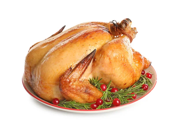 Platter of cooked turkey with garnish on white background — Stock Photo, Image