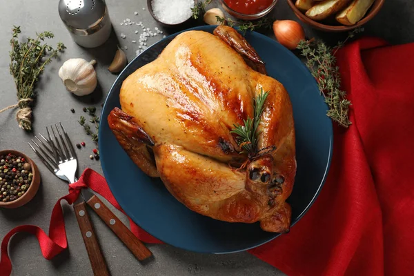 Flat lay composition with cooked turkey on table — Stock Photo, Image