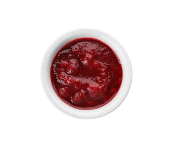 Bowl of cranberry sauce on white background, top view — Stock Photo, Image