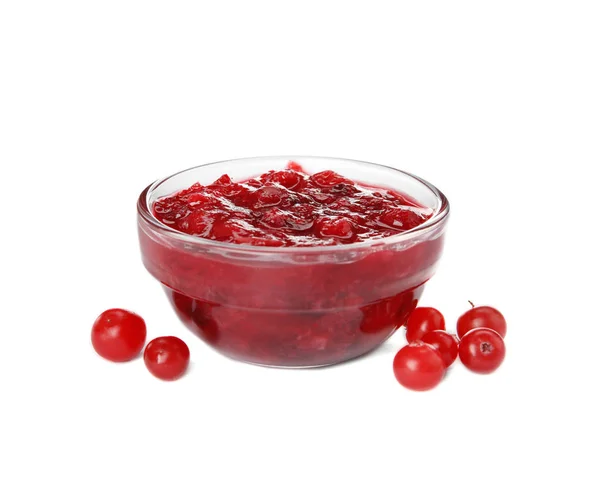 Bowl of cranberry sauce on white background — Stock Photo, Image
