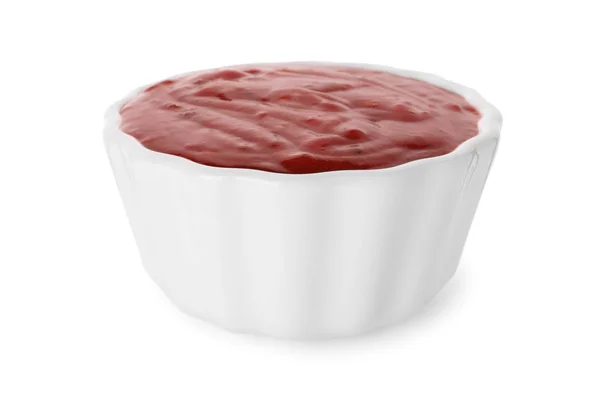 Μπολ με κόκκινη σάλτσα απομονωμένη σε λευκό — Φωτογραφία Αρχείου