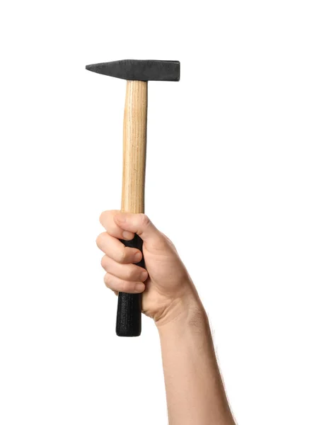Man Holding hammare isolerad på vit, närbild — Stockfoto