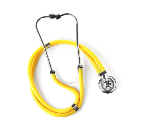 Stetoscopio su sfondo bianco, vista dall'alto. Dispositivo medico — Foto Stock