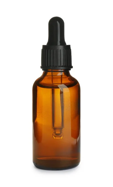 Piccola bottiglia di vetro con olio essenziale su sfondo bianco — Foto Stock