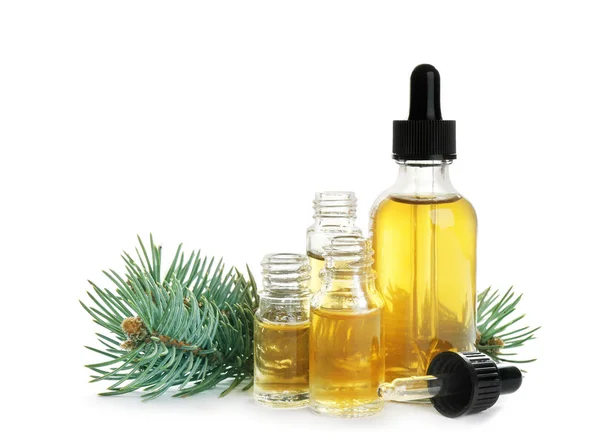 Pequenas garrafas diferentes com óleos essenciais e galho de pinho no fundo branco — Fotografia de Stock