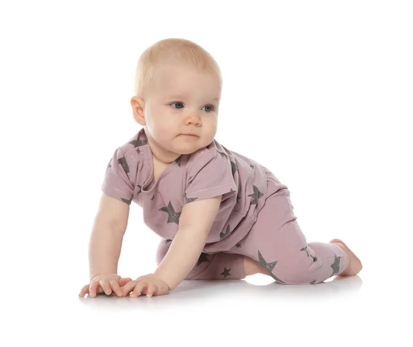 Cute little baby crawling on white background Stock Image
